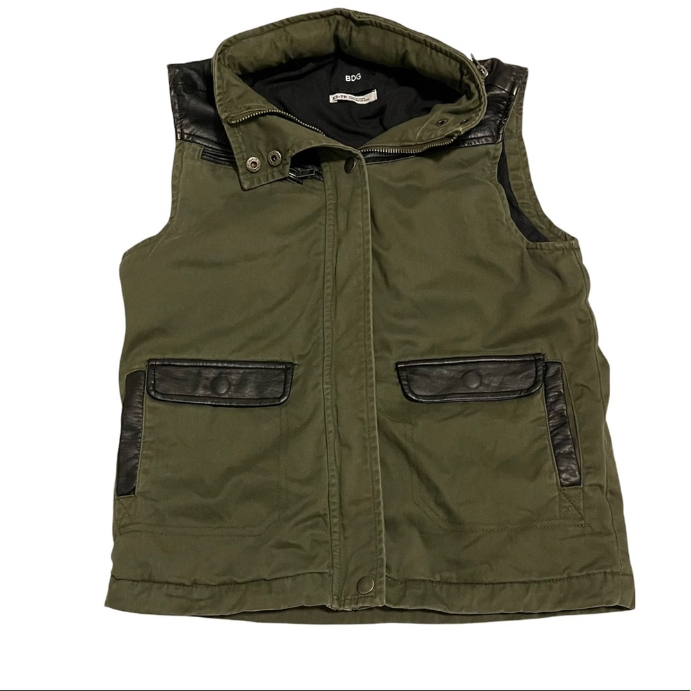 BDG Army Green & Faux leather Hooded Utility Vest Size XS - Picture 3 of 10